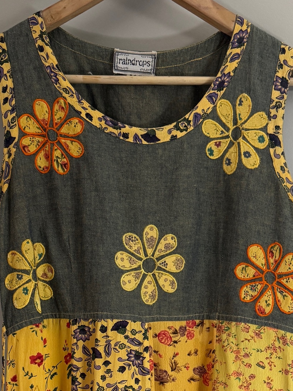 Vintage Raindrops Patchwork Floral Dress 90s Boho Grunge Cottagecore Tie Back M - Picture 10 of 15